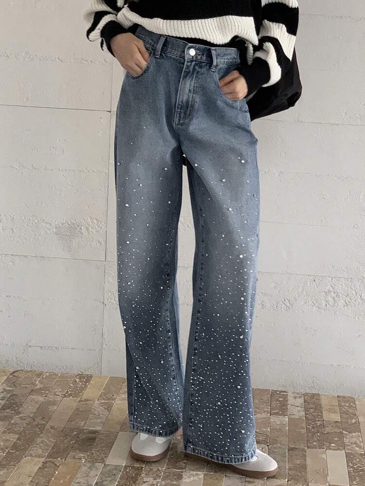 Teen Girl Rhinestone Decor Pocket Casual Fashion Jeans