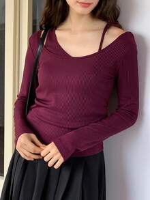 Dazy Kids Teen Girl Casual Everyday Commute Minimalist Solid Color Ribbed Asymmetrical Neck Fitted T-Shirt, Spring/Autumn - Red Violet - View 8