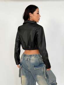 SHEIN PETITE Jaqueta Curta Preto Com Zíper, Estilo Casual De Rua Para Mulheres, Outono/Inverno, 1 Peça