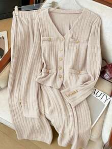 Regalyn Conjunto de 2 piezas de top de manga larga acanalado y pantalones para mujer de talla grande