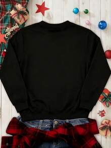 EMERY ROSE Fashionable Christmas Shiny English Text Santa Hat Women Drop Shoulder Crew Neck Sweatshirt - Black - View 3