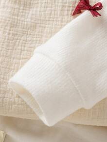 Genkimix Kids 2pcs/Set Tween Girl Christmas Autumn/Winter Korean Fashion Chic Girls Outfit, Bow Decor Sweet Round Neck Long Sleeve Top + Pleated Skirt 2 Pieces - Red - View 5