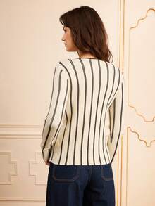 Lilora Women's Elegant Off-White Striped Long-Sleeved Pullover Sweater,Autumn Brunch Casual Chic,Old Money Style,Vintage Retro Boho,Modest Commuting Outing - Yellow - View 8