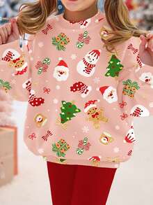 2pcs/Set Tween Girls Cozy Pink Christmas Themed Graphic Print Sweatshirt And Leggings Set,Cute Matching Family Soft Thermal Lined Autumn Outfit - Multicolor - View 4