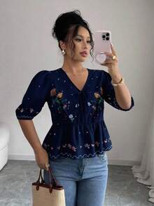 Rafferiza Áo cánh mùa hè in họa tiết hoa cổ chữ V lãng mạn thanh lịch dành cho nữ - Màu xanh hải quân - Xem 5