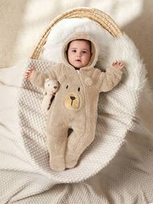 Cozy Pixies Newborn Baby Boy Cartoon Bear Ear Hooded Thick Long Sleeve Footed Romper - Apricot - View 4