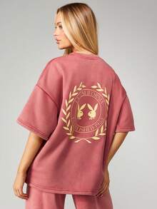 Missguided x Playboy Christmas Oversized Graphic Tee With California Bunny Logo Print Short Sleeve Cotton Blend Vintage Washed T-Shirt For Summer - Redwood - View 2