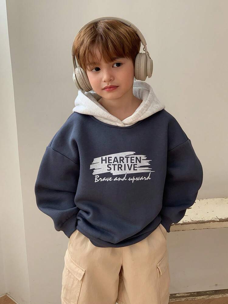 Young Boy Slogan Print Contrast Color Long Sleeve Casual Loose Sweatshirt, Autumn/Winter