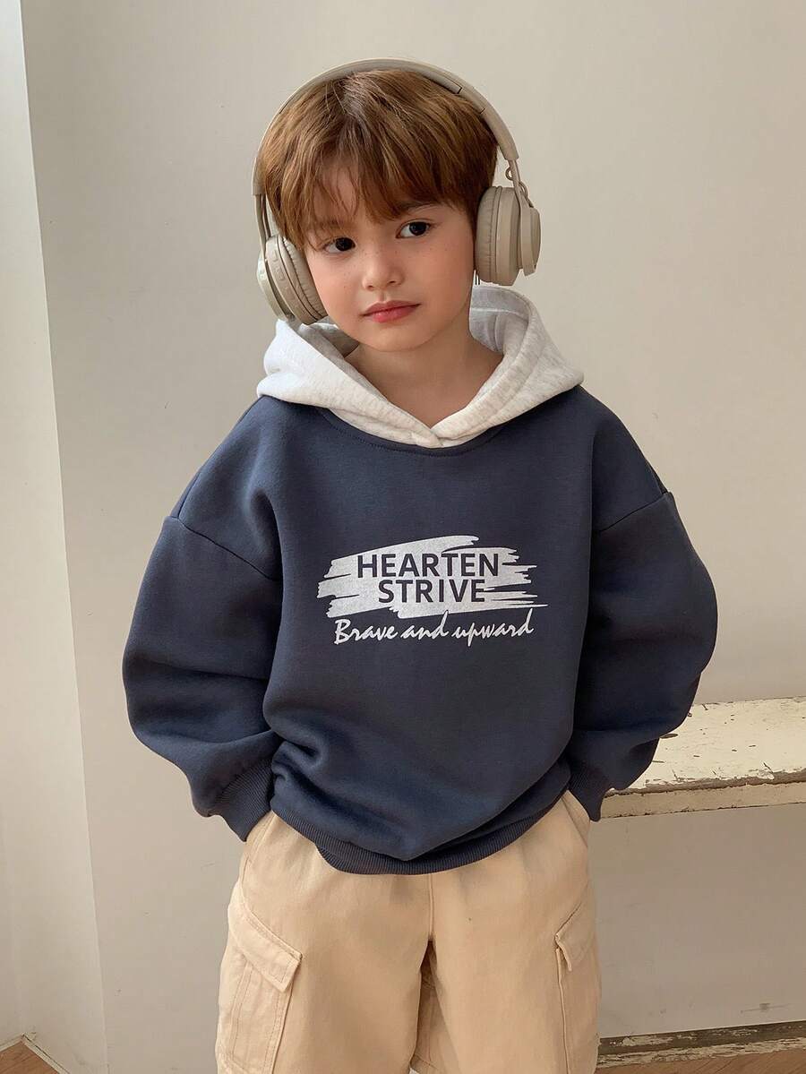 DAZY 男童标语印花撞色长袖休闲宽松卫衣，秋冬款 - 藍色 - 查看 1