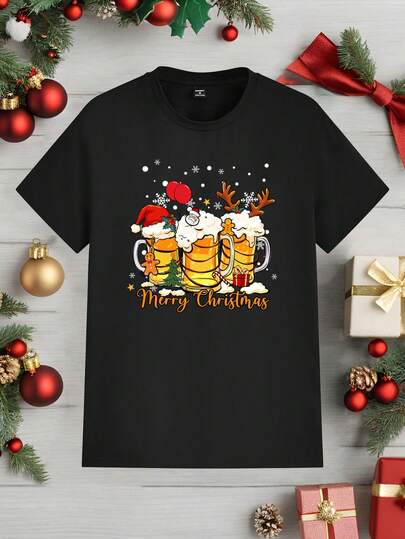 Manfinity Homme Christmas Family Gathering Beer Party Fashionable Casual Print Men's Standard Fit Short Sleeve T-Shirt, Men's Black Fashionable Casual Plus Size T-Shirt, Warm Family Atmosphere Matching Parent-Child/Couple