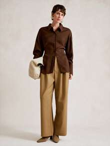 SHEIN Stylify Chemise pour femmes style lin, col chemise, fermeture par boutons devant, froncé à la taille, ourlet fendu, manches longues avec épaules tombantes, cordon de serrage à la taille, élégant style vintage français pour le bureau ou la tenue décontractée, polyvalente pour l'automne/hiver