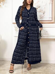 SHEIN Clasi Bộ đồ liền thân ống rộng không tay họa tiết kẻ caro cỡ lớn dành cho nữ, mùa thu, áo khoác kim loại một hàng khuy dài - Màu xanh hải quân - Xem 1