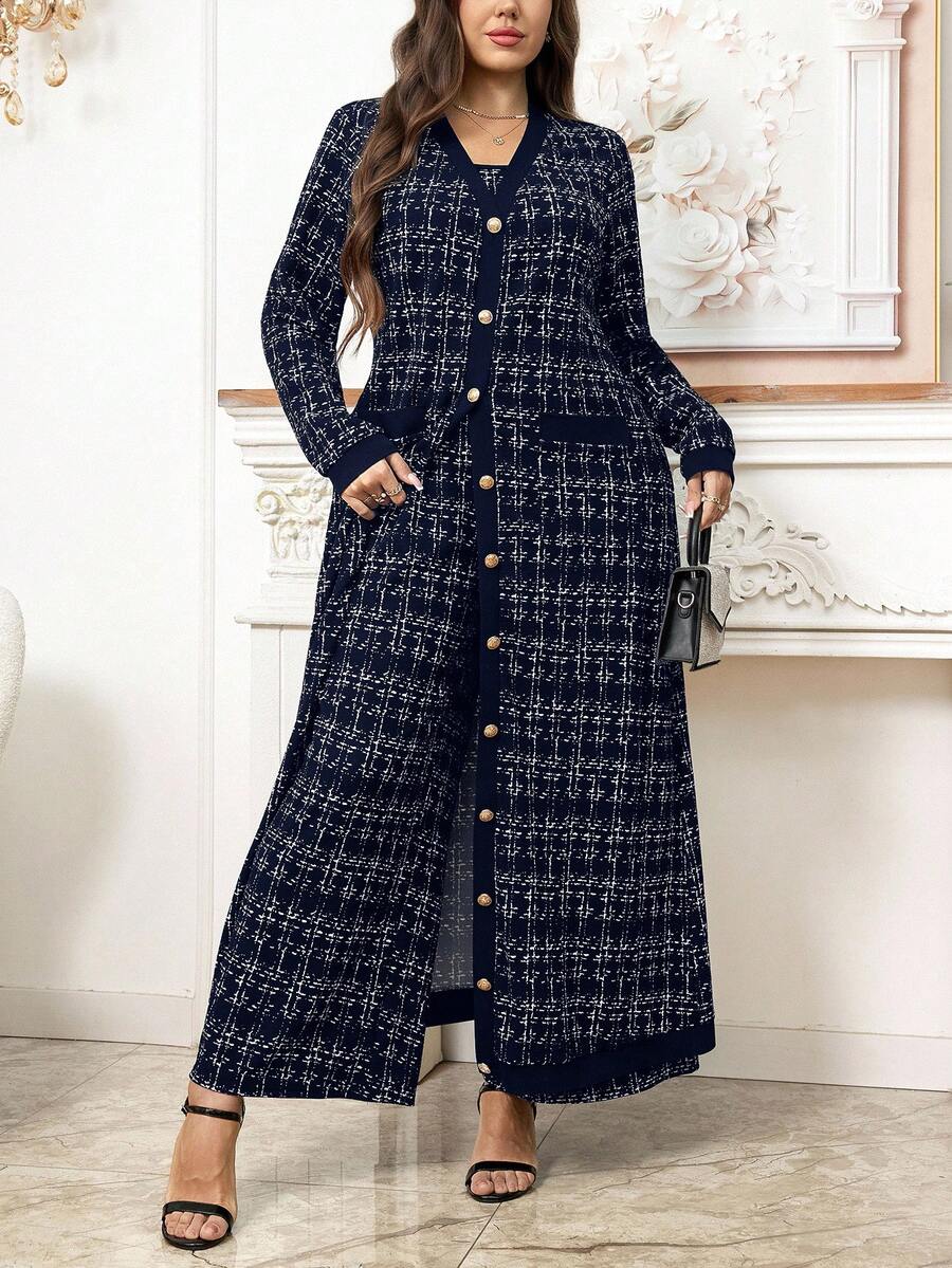 SHEIN Clasi Bộ đồ liền thân ống rộng không tay họa tiết kẻ caro cỡ lớn dành cho nữ, mùa thu, áo khoác kim loại một hàng khuy dài - Màu xanh hải quân - Xem 1