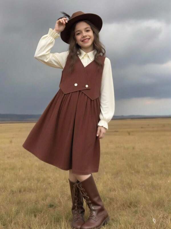 فستان كاجوال للفتيات المراهقات بطراز بريطاني، 2 في 1 سترة أمامية مفتوحة مع صدرية، أزرار مزدوجة، حافة غير منتظمة، ياقة قميص، أكمام طويلة، قطع ملونة من الفليس، مناسب للعطلات والسفر وحفلات العطلات في الربيع والخريف والشتاء