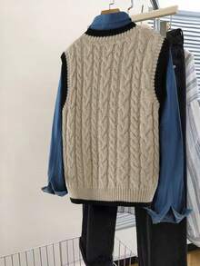 Franclia 女士优雅休闲麻花针织无袖上衣，显瘦又减龄，初秋新款 - 卡其色 - 查看 2