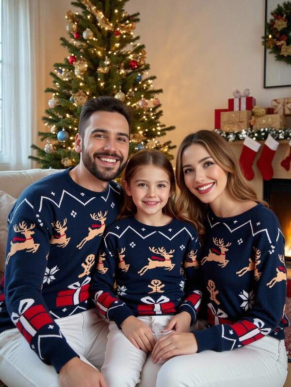 Manfinity RelaxMax Homme Noël Renne et Bonhomme en pain d'épices Motif Col Rond Manches Longues Tricot Décontracté, Automne/Hiver Noël Ce lien peut être utilisé pour la redirection Convient pour les cadeaux de famille assortis pour bébé fille/bébé garçon Thème de pull de Noël Famille Pull de Noël Pull de Renne