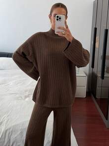 Livesso 女士宽松商务休闲优雅办公室装，棕色高领针织毛衣和直筒裤套装，秋冬 - 棕色 - 查看 5