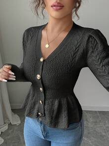 Selianne 女士优雅荷叶边 V 领修身针织开衫，适合秋冬季度假穿着 - 深灰色 - 查看 4