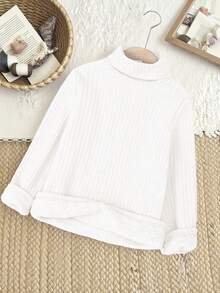 Sparklyn 女童白色罗纹高领长袖保暖针织衫，适合秋冬季穿着 - 白色 - 查看 5