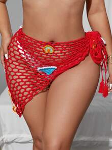 Swim Mod 加大码女式钩针编织海星沙滩披肩围巾罩衫 - 紅色 - 查看 4