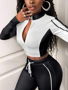 SHEIN BamGlam Women's Casual 2 Pieces Set, Color Block Design, Long Sleeve Zip-Up Jacket And Drawstring Pants, Autumn - Black and White - View 5