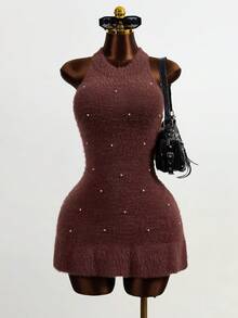 Mistrie Nouvelle robe mini près du corps pour femmes ornée de perles - Tabac - Voir 1