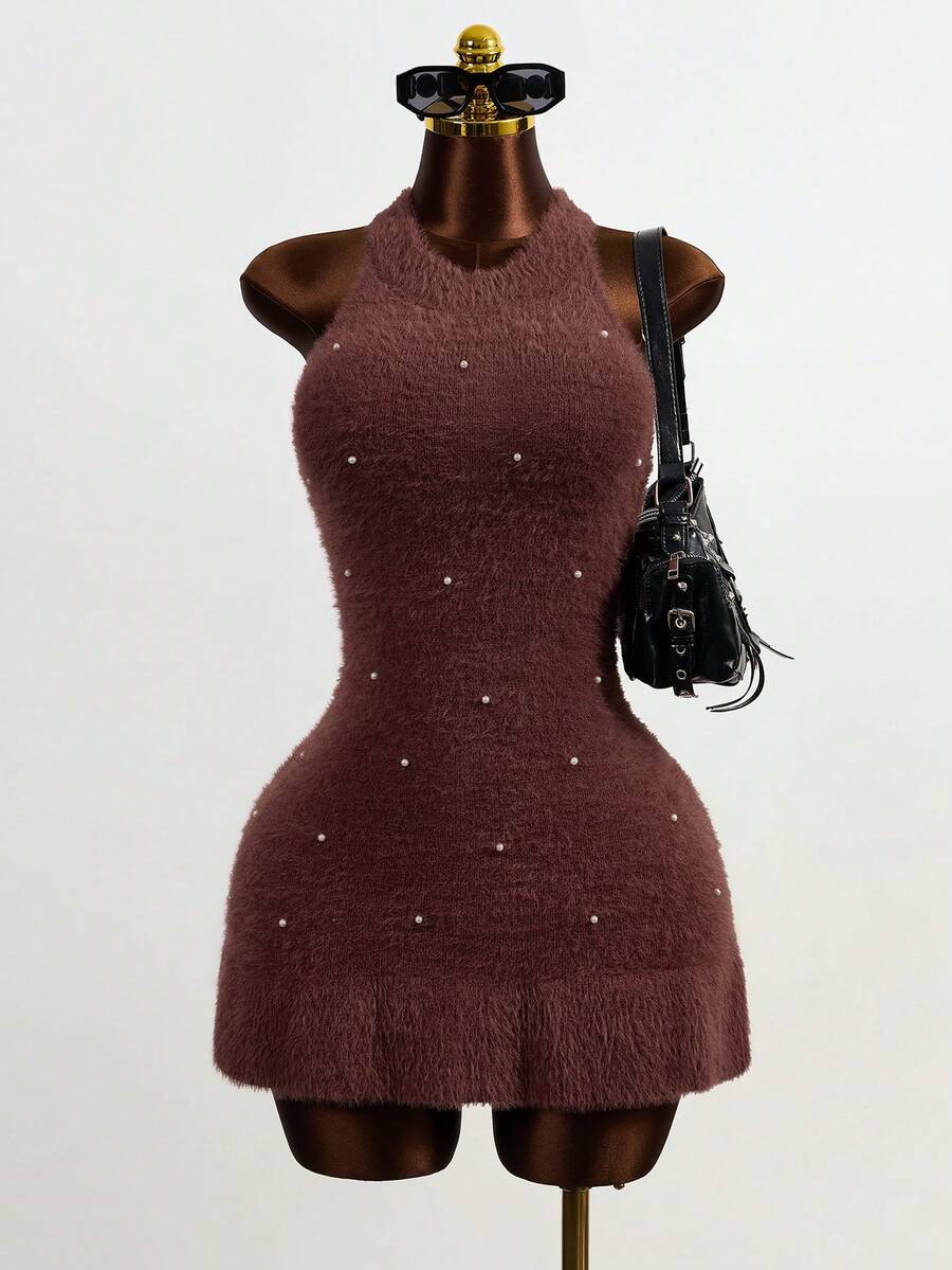 Mistrie Nouvelle robe mini près du corps pour femmes ornée de perles - Tabac - Voir 1