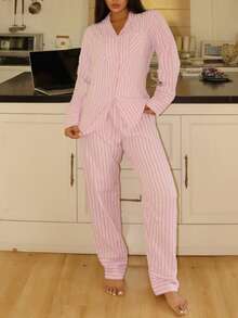 Lowkey Lull 渐变粉色条纹舒适休闲柔软时尚秋季轻松舒适秋季睡衣 INS 休闲 Y2K 翻领纽扣长袖上衣和裤子女士睡衣套装粉色睡衣两件套，秋冬服装 - 玫紅色 - 查看 5