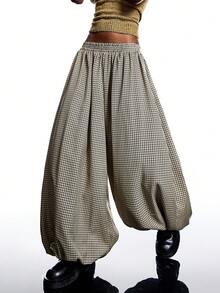 LYSMO 2025新款极简主义秋冬女装棕色格子弹力腰宽松时尚灯笼裤哈伦裤阔腿裤超大码裤格纹裤冬季女装时尚系列新年感恩节圣诞节 - 卡其色 - 查看 1