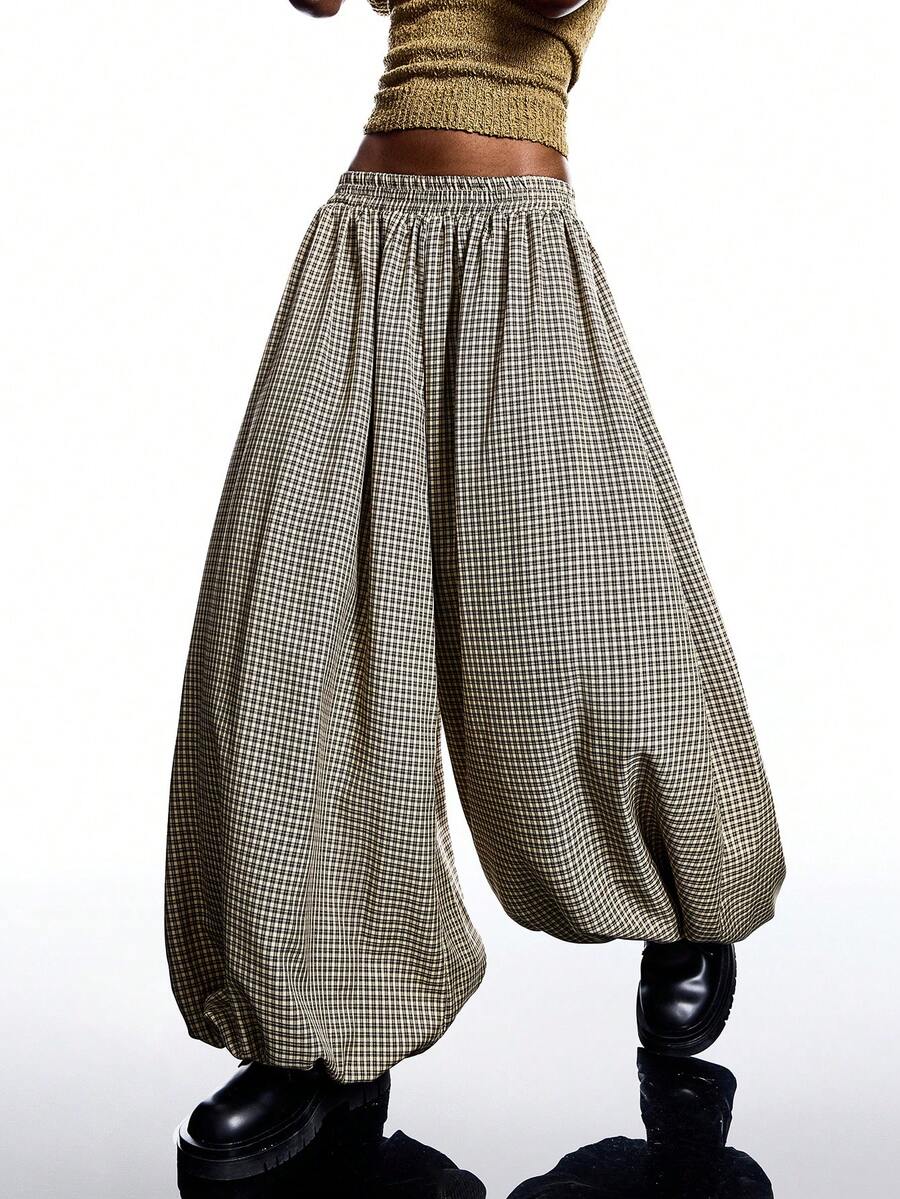 LYSMO 2025新款极简主义秋冬女装棕色格子弹力腰宽松时尚灯笼裤哈伦裤阔腿裤超大码裤格纹裤冬季女装时尚系列新年感恩节圣诞节 - 卡其色 - 查看 1