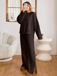 EURMUSE "Soft Glow Luxe Lounge Set" – Minimalist Knit Co-Ord In Mocha Brown - Brown - View 4