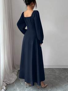 Elenzga 女士优雅方领泡泡袖束腰长裙，适合日常通勤 - 藏蓝色 - 查看 2