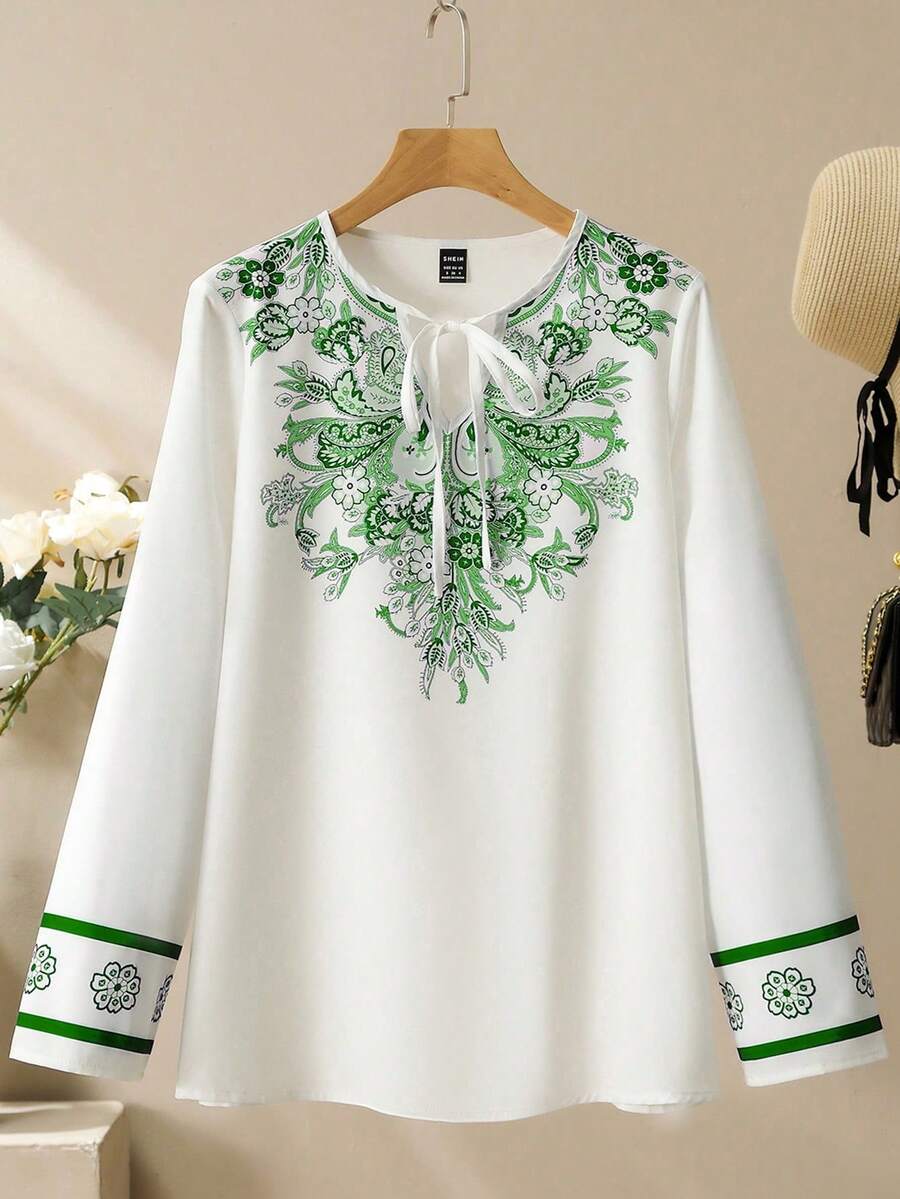 Lacomfia Áo sơ mi nữ tay dài cổ buộc họa tiết hoa thời trang và kín đáo, thích hợp cho kỳ nghỉ - màu xanh lá - Xem 1