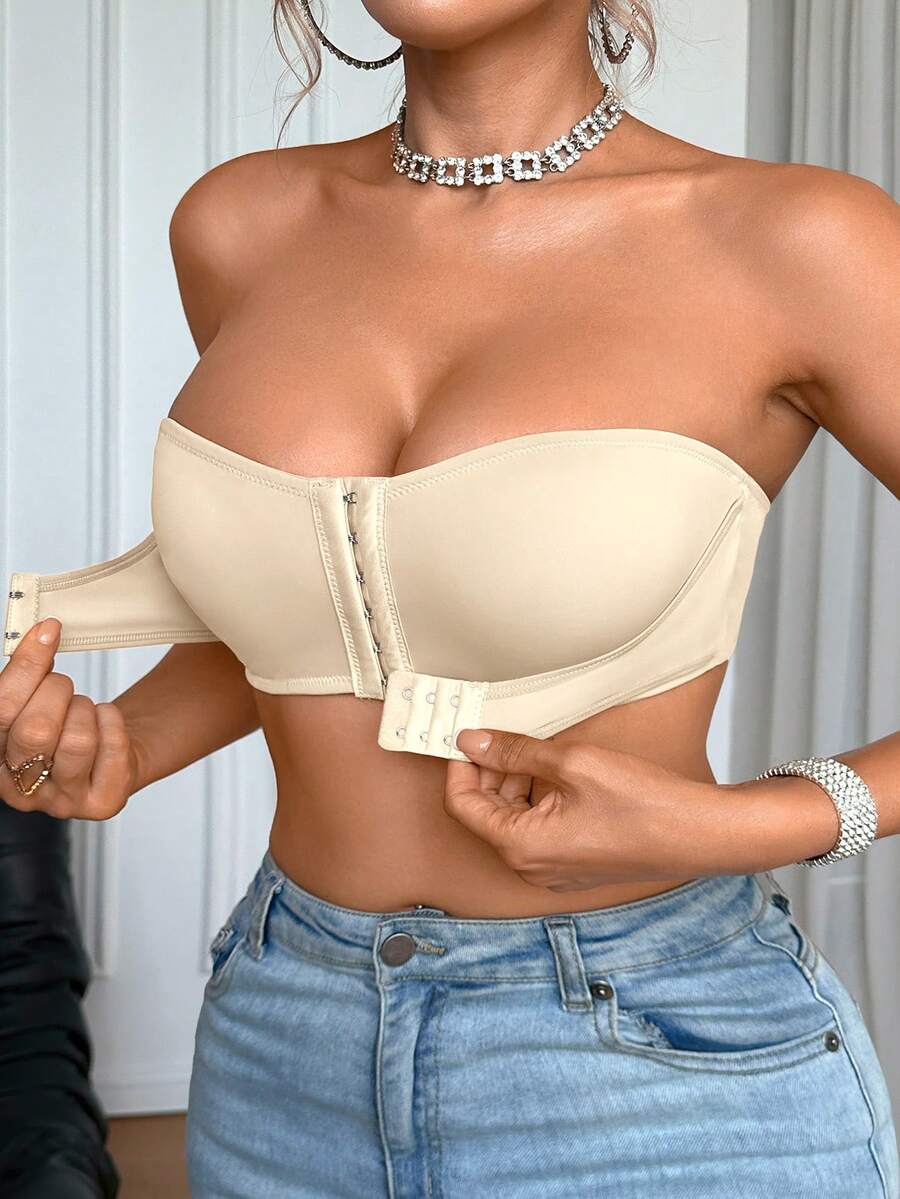 SHEIN Upgraded Front Closure Padded Push Up Bra For Women, Easy To Wear - Apricot - View 1