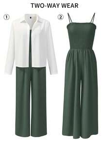 Franclia 2件套女士休闲白衬衫和黑色连体裤套装 - 墨綠色 - 查看 4