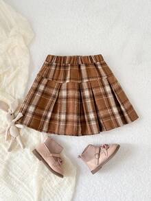 Playful Pals 1件装年轻女孩复古格子裙棕色休闲JK风格松紧腰百褶短裙适合春秋冬日常穿着 - 棕色 - 查看 2