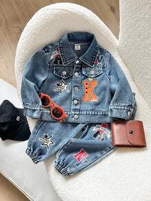 SHEIN Playful Pals 2pcs Baby Boys Retro Blue Denim Outfit,Collared Long Sleeve Jacket With Letter Print And Elastic Waist Wide Leg Pants,Casual Back-To-School Autumn Set - Medium Wash - View 3