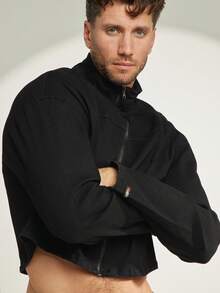 FeverCity Men's Long Sleeve Casual Washed Zip-Up Collar Jacket - Black - View 1