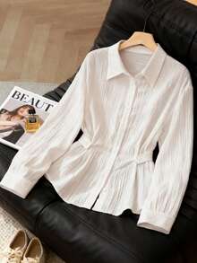 Modelyn Women's Solid Color Turndown Collar Side Button Closure Waist Fitted Long Sleeve Shirt - White - View 2