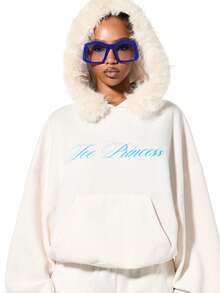 SUMWON WOMEN Áo hoodie lông thú giả cỡ lớn in họa tiết công chúa băng giá mùa đông - trắng - Xem 1