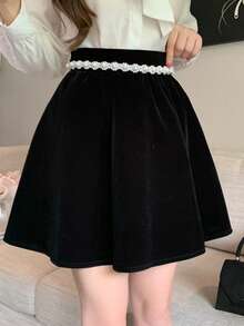 DAZY 女士优雅天鹅绒仿珍珠装饰半身裙 - 黑色 - 查看 6