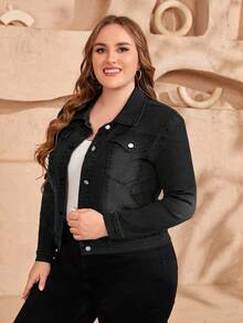 EMERY ROSE Spring Plus Size Solid Color Front Button Pocket Casual Long Sleeve Denim Jacket - Black - View 4
