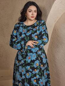 Dazy Plus Plus Size Women Floral Print Long Sleeve Dress, High-End Fitted Formal Gown Dress Boho - Blue - View 8