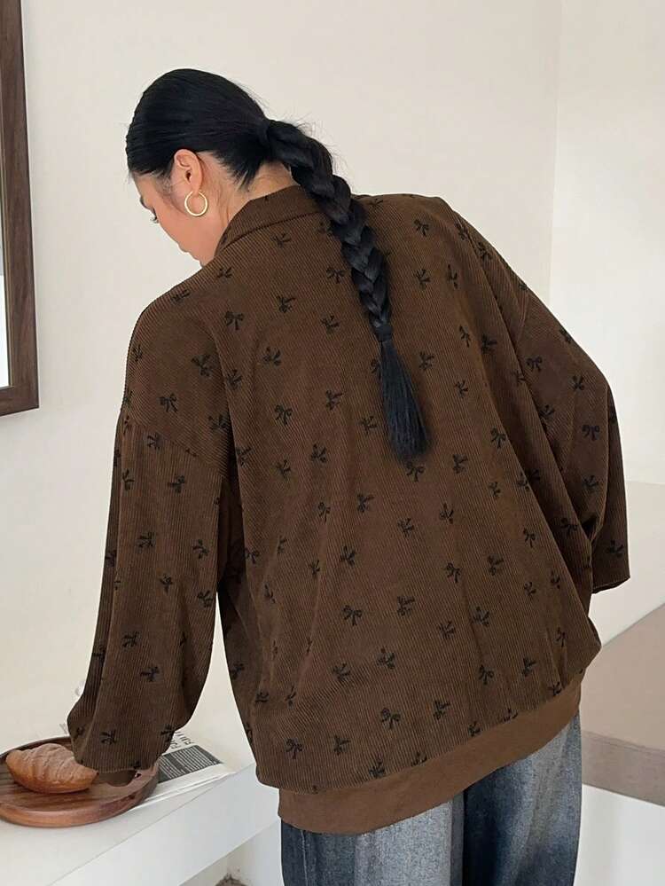 Dazy Plus Plus Size Women Half-Zip Sweatshirt With Bow Print, Loose Fit Streetwear Style