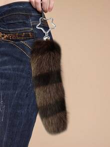 ROMWE Goth 1件装 时尚复古风 优雅可爱 仿毛皮棕色条纹逼真狐狸尾巴钥匙扣/钥匙圈，女士配饰，适合日常使用和送礼 - 棕色-2 - 查看 5