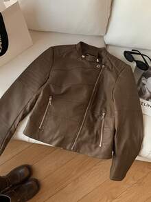 Comfortcana Autumn And Winter Women's Casual Brown Zipper Pu Motorcycle Jacket Coat - Brown - View 3