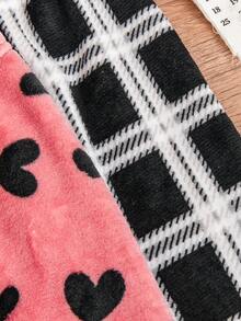 SHEIN 3件套女婴休闲时尚爱心、豹纹、格子抓绒裤，适合冬季户外穿着 - 彩色 - 查看 8