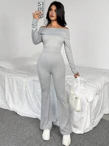 Teen Girl Casual All-Match Versatile Sports Streetwear Off Shoulder Long Sleeve Jumpsuit Fall Winter - Light Grey - View 4