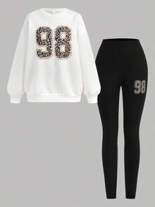SHEIN Girlism Bộ 2 món áo nỉ cổ tròn in số 98 và quần legging thể thao thường ngày cho bé gái tuổi teen, bộ áo nỉ cổ tròn dài tay thoải mái và quần bó 2 món, phù hợp cho mùa thu/đông - Đen và trắng - Xem 11