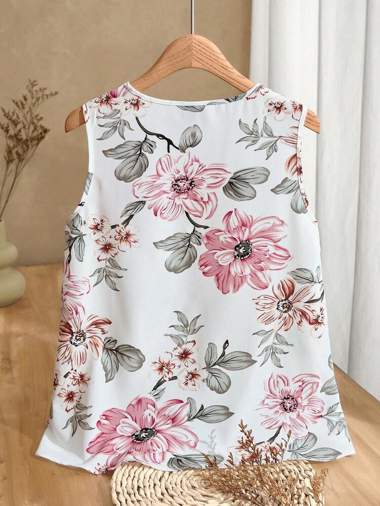 Summer Leisure Pleated Button Decorated Asymmetrical Hem Flower Print Tank Top